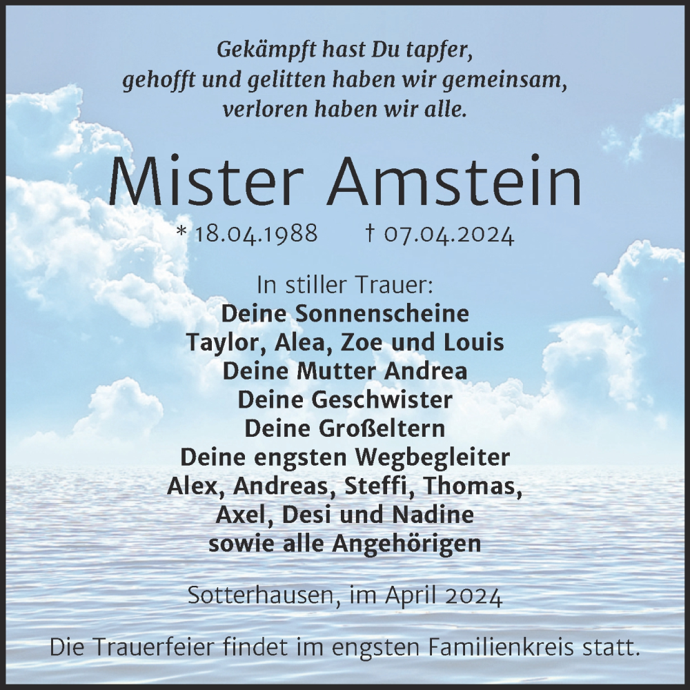  Traueranzeige für Mister Amstein vom 19.04.2024 aus Trauerkombi Sangerhausen