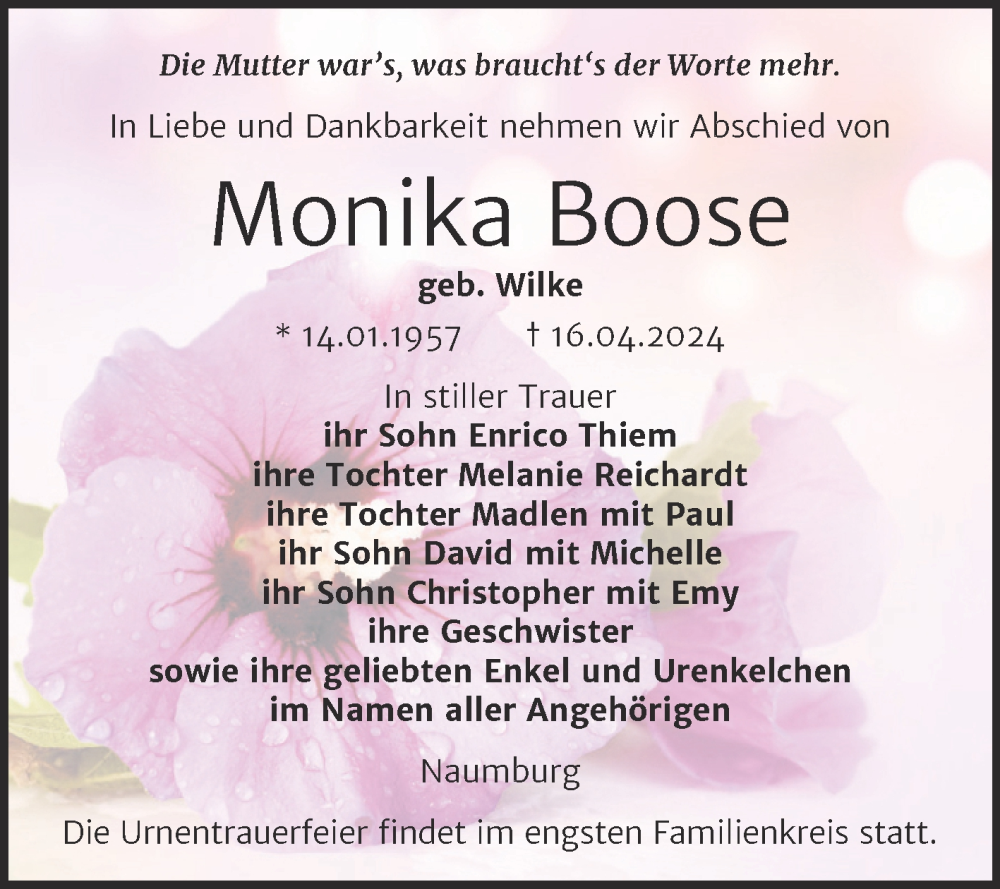  Traueranzeige für Monika Boose vom 20.04.2024 aus Naumburger Tageblatt