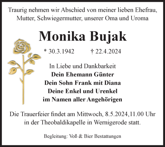 Traueranzeige von Monika Bujak von Volksstimme Wernigerode