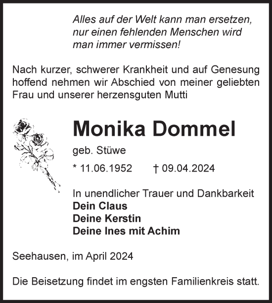 Traueranzeige von Monika Dommel von Volksstimme Altmark Ost