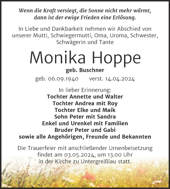 Traueranzeige von Monika Hoppe von Trauerkombi Weißenfels