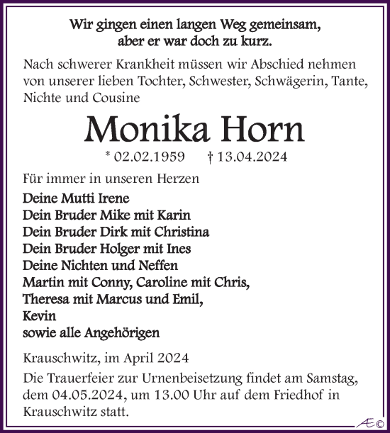 Traueranzeige von Monika Horn von Trauerkombi Weißenfels