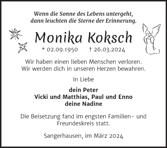 Traueranzeige von Monika Koksch von Trauerkombi Sangerhausen