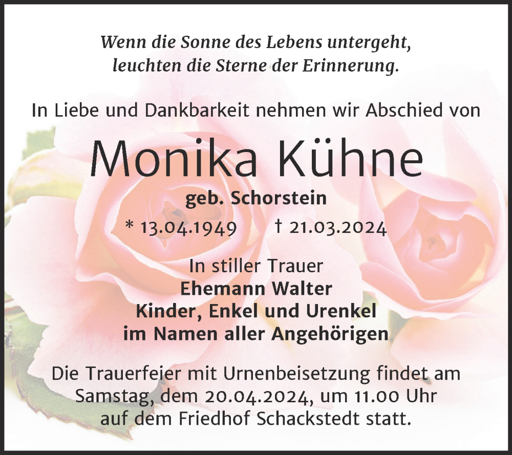  Traueranzeige für Monika Kühne vom 06.04.2024 aus Trauerkombi Aschersleben