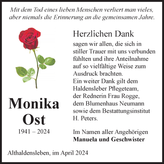 Traueranzeige von Monika Ost von Volksstimme Haldensleben/Wolmirstedt