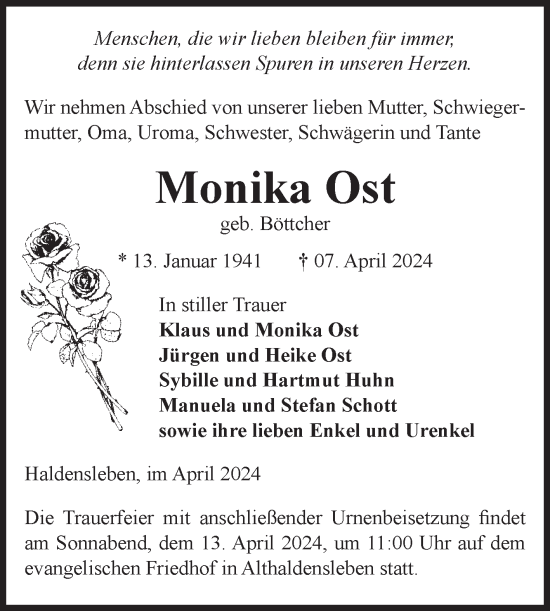 Traueranzeige von Monika Ost von Volksstimme Haldensleben/Wolmirstedt