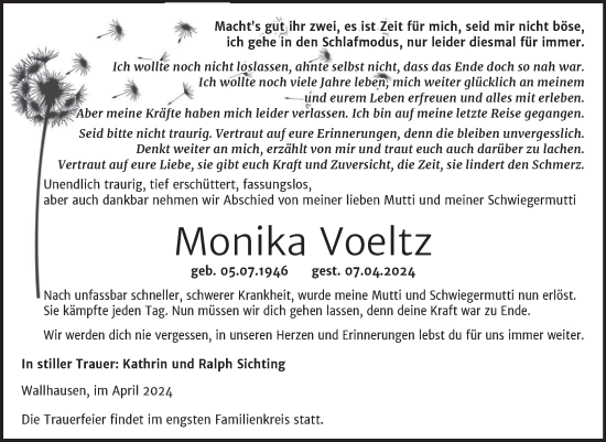 Traueranzeige von Monika Voeltz von Trauerkombi Sangerhausen