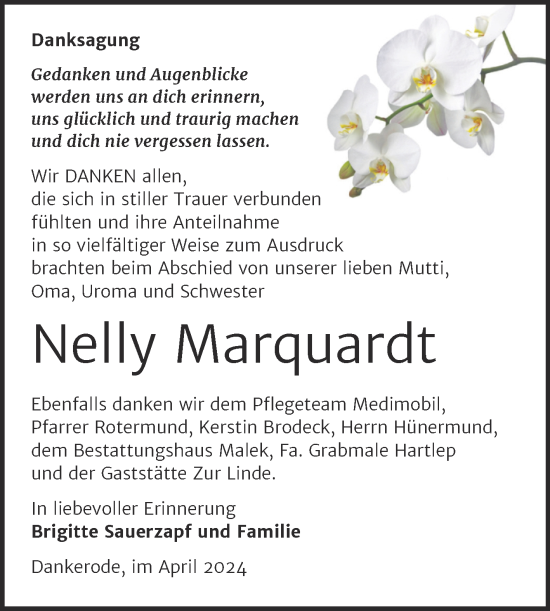 Traueranzeige von Nelly Marquardt von Trauerkombi Quedlinburg