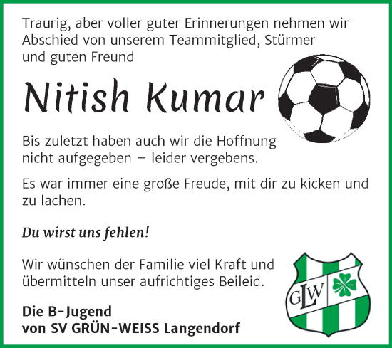 Traueranzeige von Nitish Kumar von Trauerkombi Weißenfels