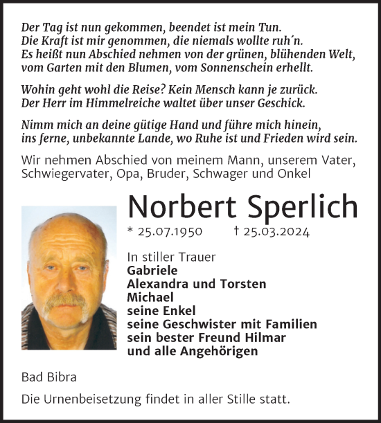 Traueranzeige von Norbert Sperlich von Super Sonntag Naumburg/Nebra