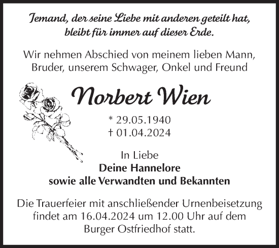 Traueranzeige von Norbert Wien von Volksstimme Burg/Genthin