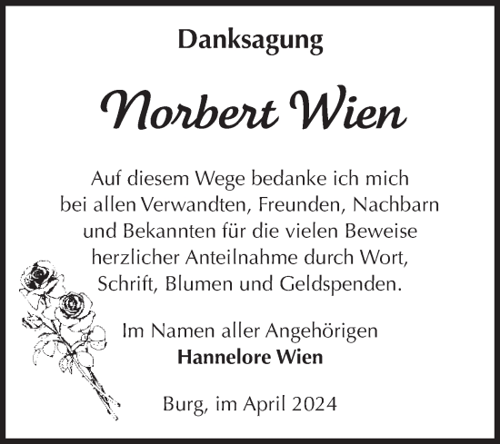 Traueranzeige von Norbert Wien von Volksstimme Burg/Genthin