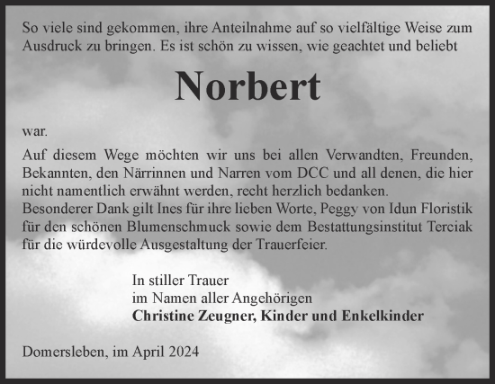 Traueranzeige von Norbert Zeugner von Volksstimme Oschersleben/Wanzleben