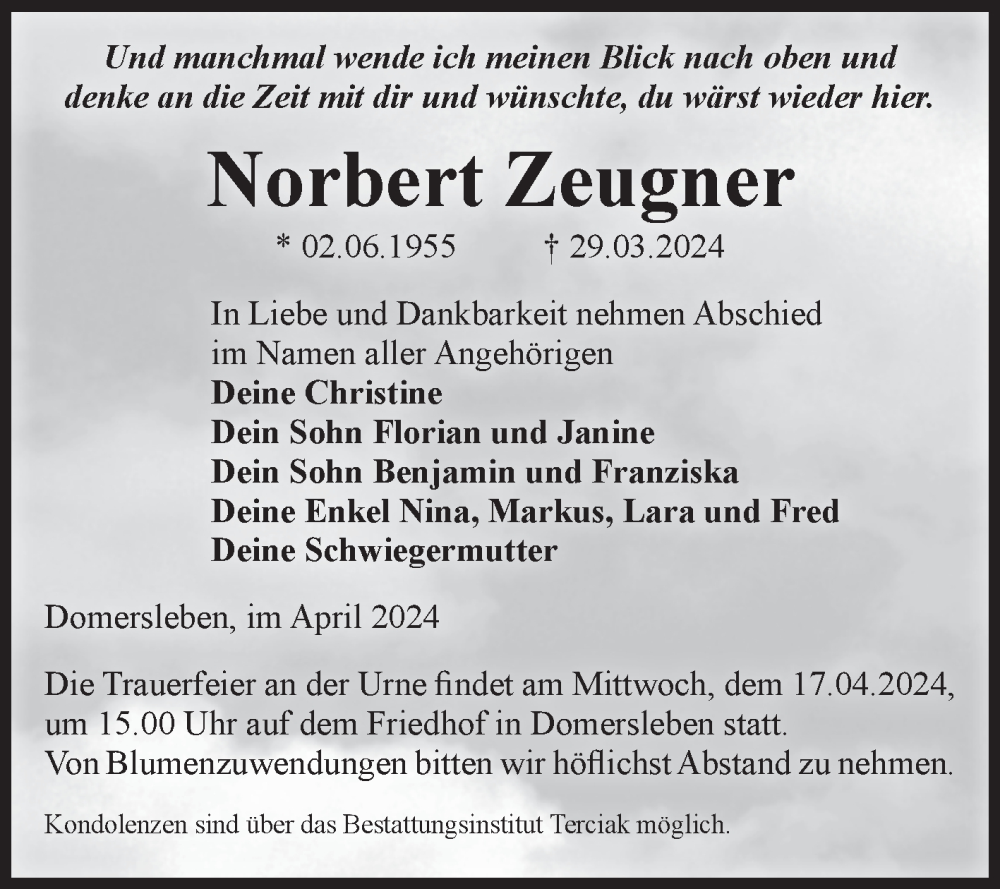  Traueranzeige für Norbert Zeugner vom 06.04.2024 aus Volksstimme Oschersleben/Wanzleben
