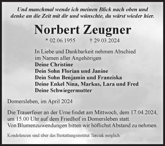Traueranzeige von Norbert Zeugner von Volksstimme Oschersleben/Wanzleben