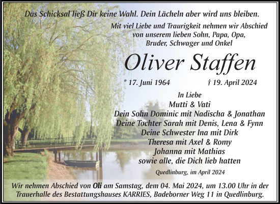 Traueranzeige von Oliver Staffen von Trauerkombi Quedlinburg