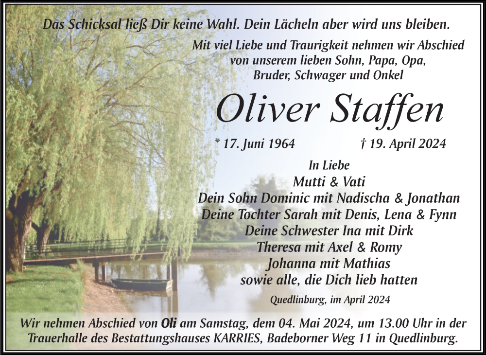  Traueranzeige für Oliver Staffen vom 27.04.2024 aus Trauerkombi Quedlinburg