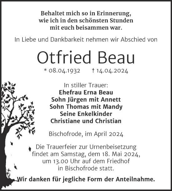 Traueranzeige von Otfried Beau von Trauerkombi Mansfelder Land