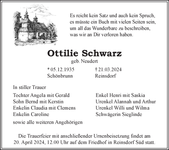 Traueranzeige von Ottilie Schwarz von Trauerkombi Wittenberg