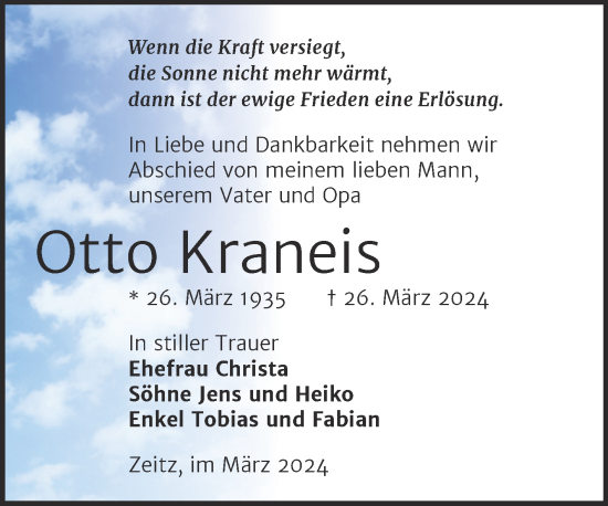 Traueranzeige von Otto Kraneis von Trauerkombi Zeitz