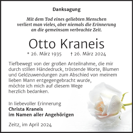 Traueranzeige von Otto Kraneis von Trauerkombi Zeitz