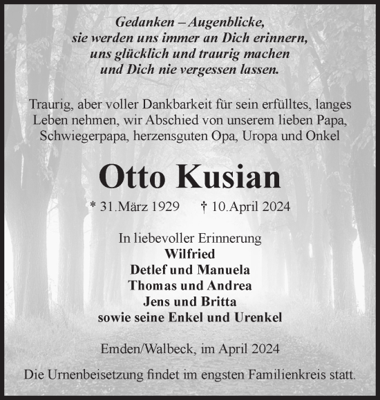 Traueranzeige von Otto Kusian von Volksstimme Haldensleben/Wolmirstedt