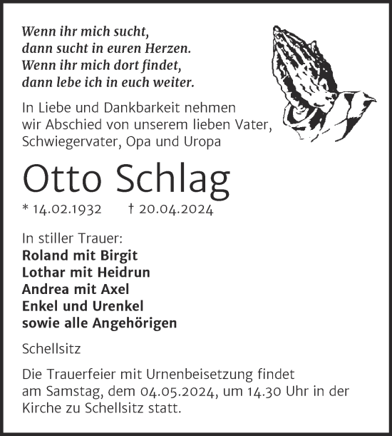 Traueranzeige von Otto Schlag von Naumburger Tageblatt