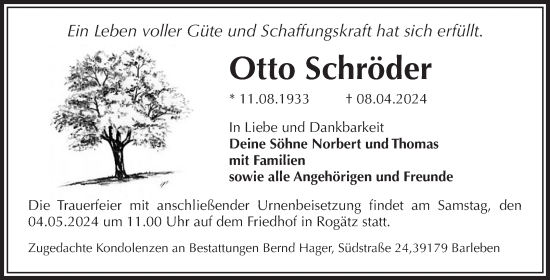 Traueranzeige von Otto Schröder von Volksstimme Haldensleben/Wolmirstedt