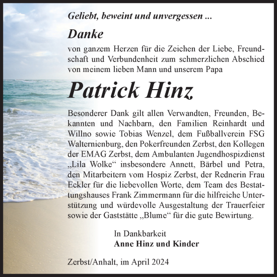 Traueranzeige von Patrick Hinz von Volksstimme Zerbst