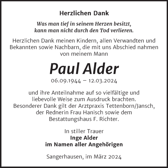 Traueranzeige von Paul Alder von Trauerkombi Sangerhausen