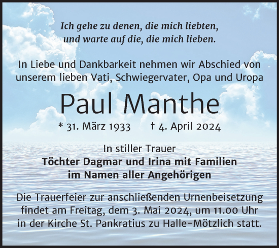 Traueranzeige von Paul Manthe von Mitteldeutsche Zeitung Halle/Saalkreis