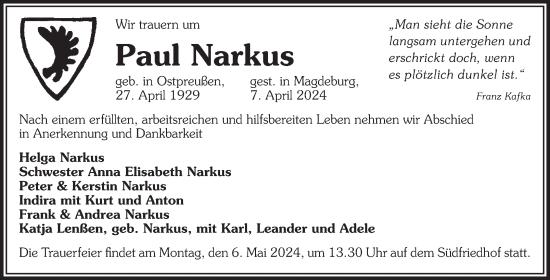 Traueranzeige von Paul Narkus von Volksstimme Magdeburg