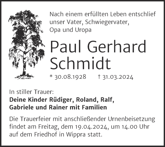 Traueranzeige von Paul Gerhard Schmidt von Trauerkombi Sangerhausen