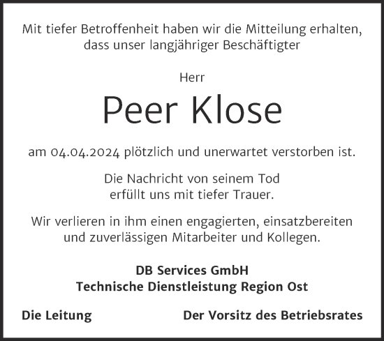 Traueranzeige von Peer Klose von Mitteldeutsche Zeitung Dessau-Roßlau