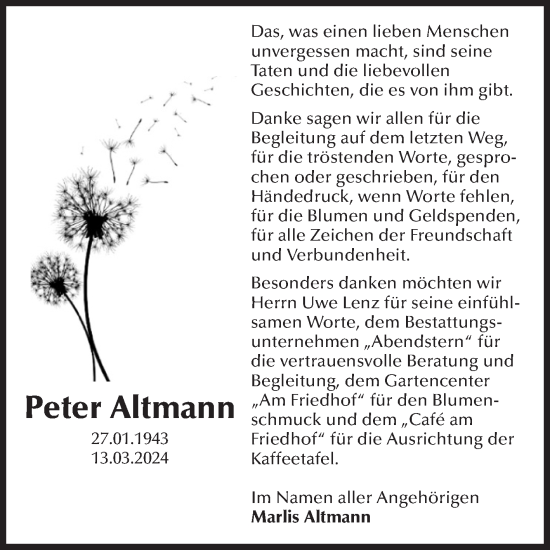 Traueranzeige von Peter Altmann von Volksstimme Altmark Ost
