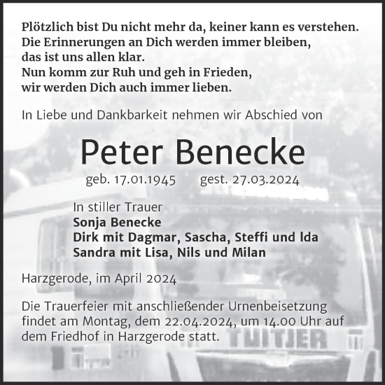 Traueranzeige von Peter Benecke von Trauerkombi Quedlinburg