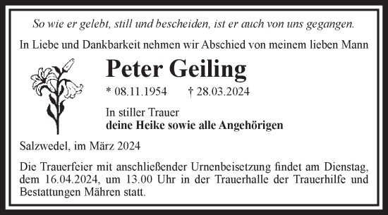 Traueranzeige von Peter Geiling von Volksstimme Altmark West