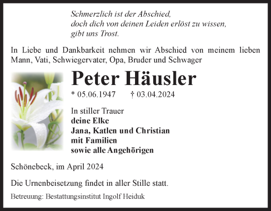 Traueranzeige von Peter Häusler von Volksstimme Schönebeck