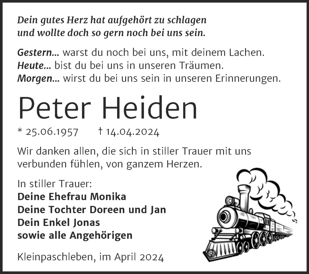  Traueranzeige für Peter Heiden vom 27.04.2024 aus Trauerkombi Köthen