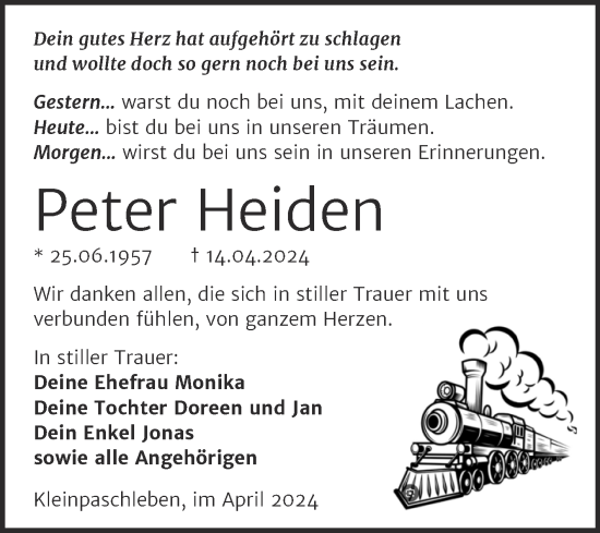 Traueranzeige von Peter Heiden von Trauerkombi Köthen