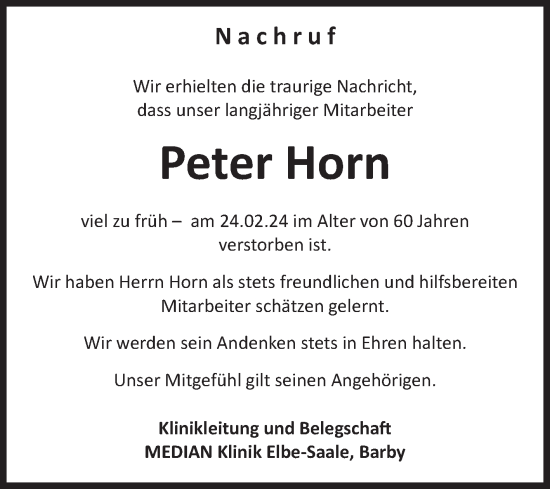 Traueranzeige von Peter Horn von Volksstimme Schönebeck