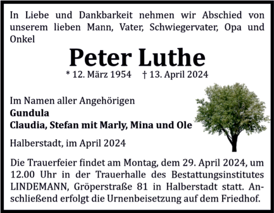 Traueranzeige von Peter Luthe von Volksstimme Halberstadt