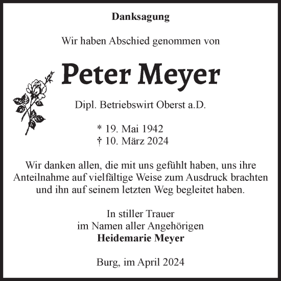 Traueranzeige von Peter Meyer von Volksstimme Burg/Genthin