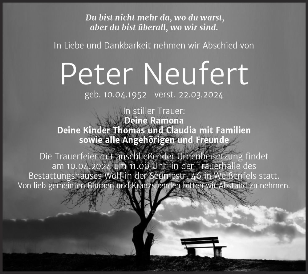  Traueranzeige für Peter Neufert vom 06.04.2024 aus Trauerkombi Weißenfels