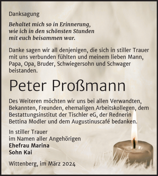 Traueranzeige von Peter Proßmann von Trauerkombi Wittenberg