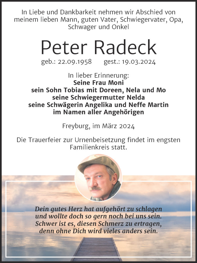  Traueranzeige für Peter Radeck vom 06.04.2024 aus Super Sonntag Naumburg/Nebra
