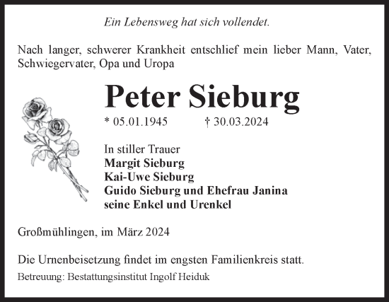 Traueranzeige von Peter Sieburg von Volksstimme Schönebeck
