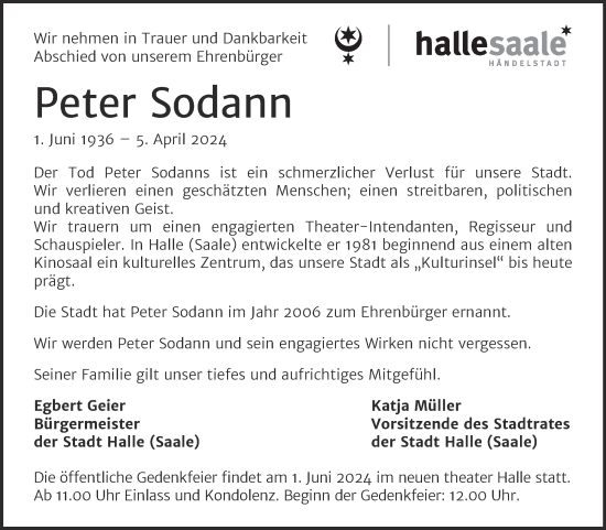 Traueranzeige von Peter Sodann von Mitteldeutsche Zeitung Halle/Saalkreis