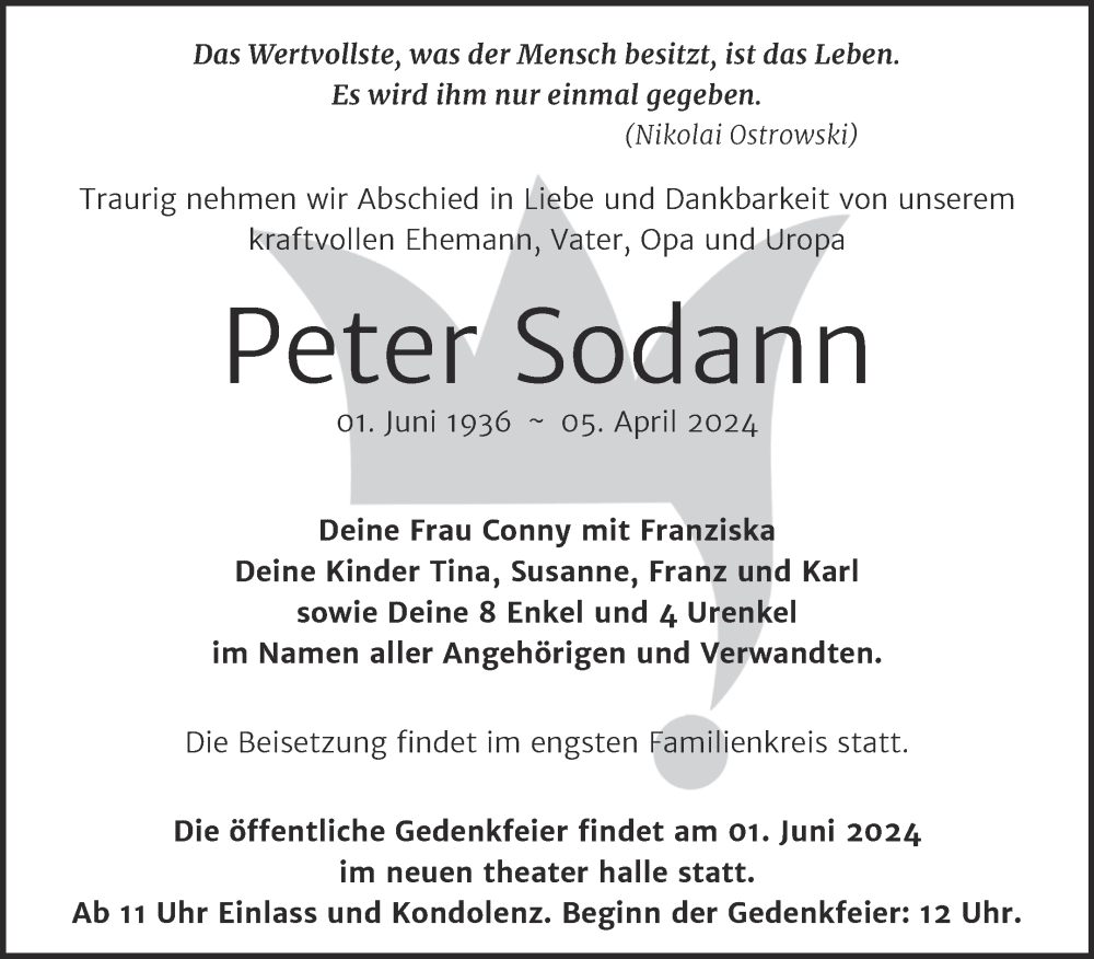  Traueranzeige für Peter Sodann vom 20.04.2024 aus Mitteldeutsche Zeitung Halle/Saalkreis