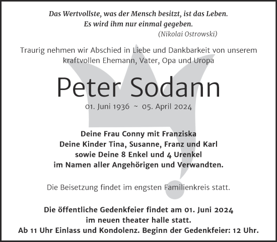 Traueranzeige von Peter Sodann von Mitteldeutsche Zeitung Halle/Saalkreis
